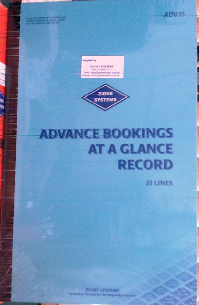 Zions ADV35 Advance Bookings At A Glance Record Book 35 line